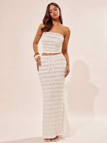 Radiana Romantic Cream-White Ruffled Texture Vacation 2-Piece Set, Includes Bandeau Top And Long Skirt, Suitable For Beach, Holiday, Date, Party, Club, Cocktail, Concert - Apricot - View 4