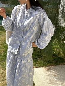 DAZY Women's Casual Striped Embroidered Floral Stand Collar Shirt And A-Line Skirt 2-Piece Set, Spring/Summer - Blue - View 4