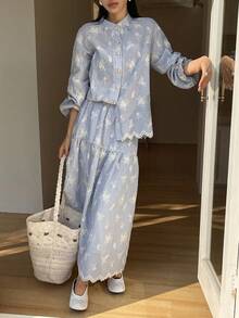 DAZY Women's Casual Striped Embroidered Floral Stand Collar Shirt And A-Line Skirt 2-Piece Set, Spring/Summer - Blue - View 6