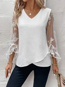 SHEIN Clasi Women's Patchwork Butterfly Embroidered Mesh Flare Sleeve Loose Blouse - White - View 1