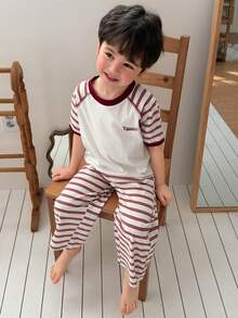DAZY 男童条纹插肩短袖上衣和裤子睡衣套装 - 紅色 - 查看 1
