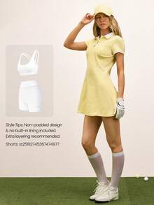 GLOWMODE 制胜发球吸汗速干撞色领口设计Logo Polo衫高尔夫连衣裙网球连衣裙高尔夫匹克球日常休闲装 - 淡黃色 - 查看 5