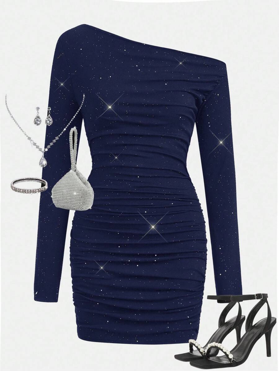 Girlism Teen Girls Ruffled Asymmetric Shoulder Mini Dress - Navy Blue - View 1