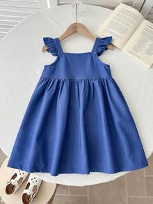 THE HAPPY LOOK Young Girl Strawberry Print Ruffle Hem Waist Cinched Dress - Blue - View 2