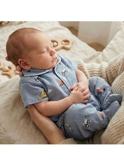 Loomiva Newborn Baby Girl Cartoon Car Pattern Lapel Long Sleeve Cardigan Shirt & Elastic Waist Pants 2 Pieces Set