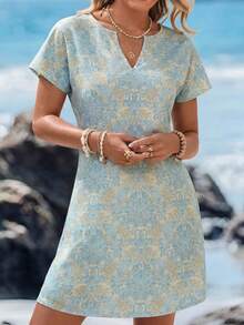 Sylviya 夏季全息印花v領蝙蝠袖長袍連身裙 - 淺藍色 - 查看 5