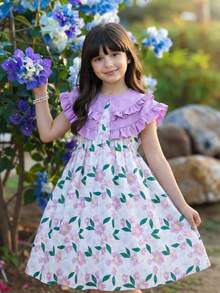 Emery Rose Kids 小女孩碎花彼得潘领修身连衣裙假日装扮 - 紫色 - 查看 1