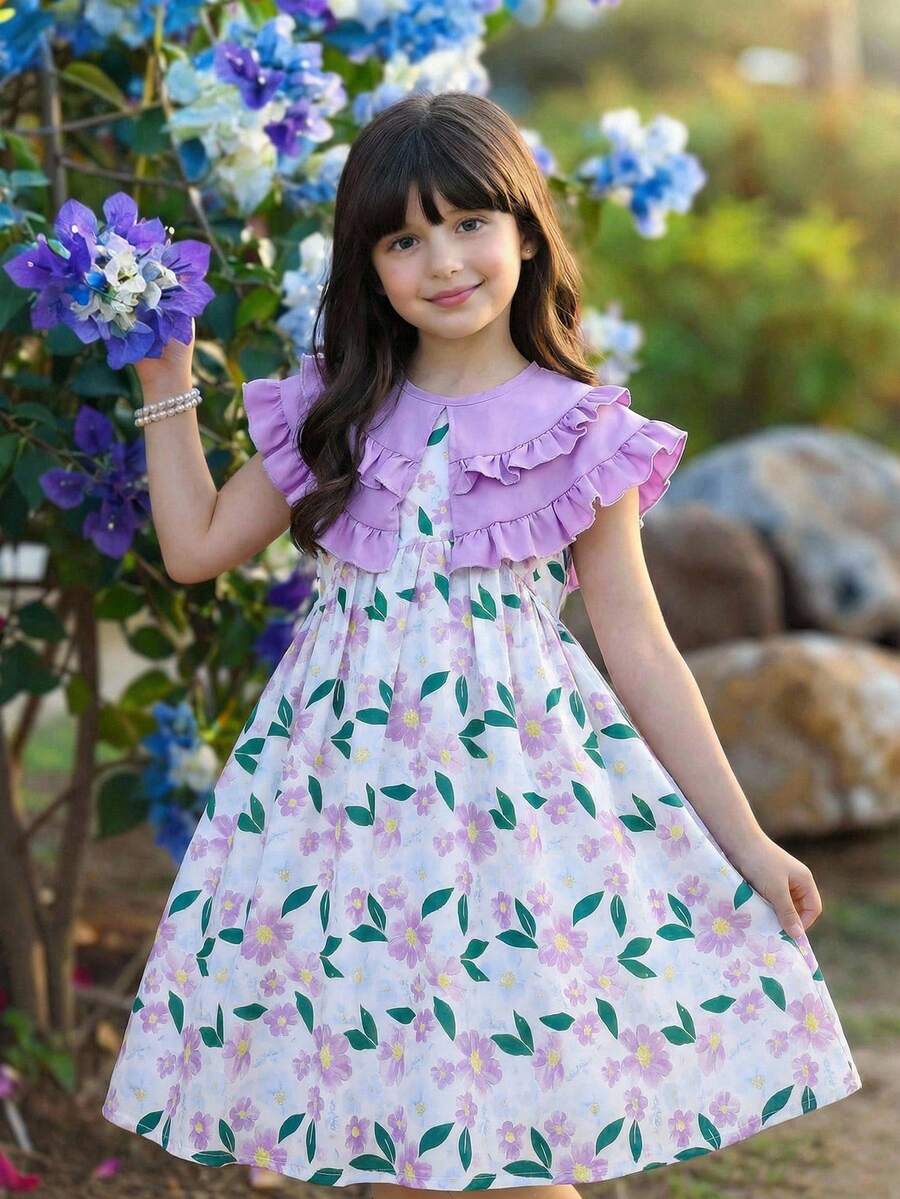 Emery Rose Kids 小女孩碎花彼得潘领修身连衣裙假日装扮 - 紫色 - 查看 1