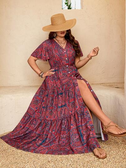 Cravure Plus Size Women Vacation Casual Bohemian V-Neck Ruffle Sleeve Music Festival Dress