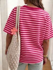 EMERY ROSE Striped Round Neck Casual Short Sleeved T-Shirt, Plus Size Women's T-Shirt, Summer - Multicolor - View 2