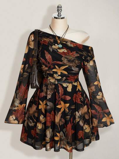 SHEIN ICON Vestido de manga larga con estampado de hoja de arce, estilo vintage, casual y ajustado, adecuado para la primavera, talla grande Y2K