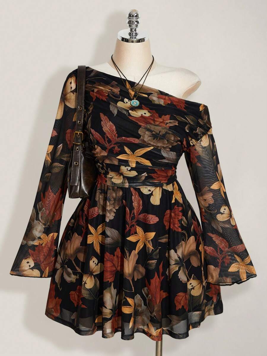 SHEIN ICON Vestido de manga larga con estampado de hoja de arce, estilo vintage, casual y ajustado, adecuado para la primavera, talla grande Y2K - Multicolor - Ver 1