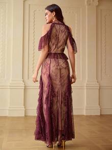 ZEYLAH Lace Patchwork Ruffle Off-Shoulder Dress, Spring/Summer - Purple - View 3