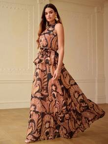 ZEYLAH Elegant Romantic Waist Cinching Umbrella Print 2 Pieces Set, Spring/Summer - Black - View 6