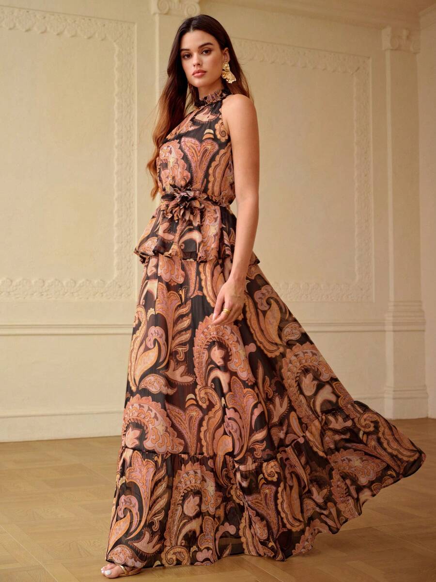 ZEYLAH Elegant Romantic Waist Cinching Umbrella Print 2 Pieces Set, Spring/Summer - Black - View 1