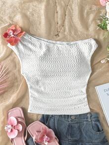 SHEIN Tween Girl White Summer Basic Casual Vacation Tops, Floral 3D Decor Asymmetric Shoulder Fashion T-Shirt Textured Shirred Pointelle Top For Tween Girl - White - View 8
