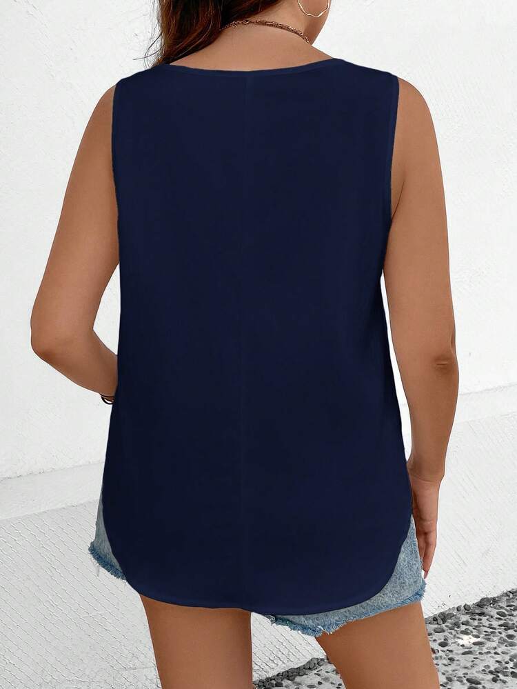 Plus Size Women's Summer Casual Vacation Solid Color Navy Blue Round Neck Casual Loose Fit Tank Top,Summer\Vacation,Summer Holiday,Spring Break Outfits ,Vacation Outfits Women ,Holiday Outfits For Women,Going Out Outfits,2026 New Clothes,Simple And Fashionable For Everyday Wear,Suitable For Summer, Vacation, Daily Wear
