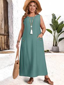 EMERY ROSE Vestido sin mangas de unicolor talla grande, casual para vacaciones - Agua verde azul - Ver 4