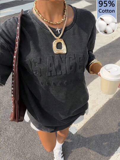 Muchica Street Style Embossed Lettering Women's Long-Sleeved T-Shirt,  Graphic Tees Women Black