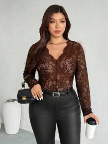 Firerie 大码舒适休闲优雅度假百搭透视蕾丝边V领时尚弹力长袖女式衬衫，春秋季 - 咖啡棕 - 查看 8