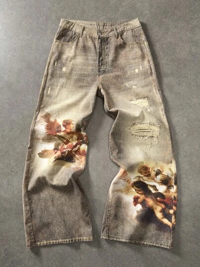 ROMWE MEN Street Life Jeans casuales con bolsillo con gráfico de ángel y desgastados para hombres