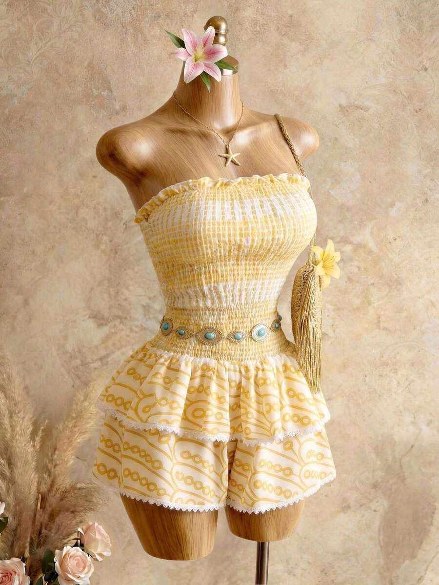 Mistrie 女士全印花荷叶边抹胸连体裤,度假款 - 黃色 - 查看 1
