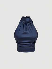 SHEIN MOD Women's Solid Color Halter Tie Backless Ruched Sexy Versatile Top For Dates & Outings, Summer Holiday, Ceremony, Beach Vacation, Going Out, Graduation Ceremony , Party, Vintage - Navy Blue - View 5