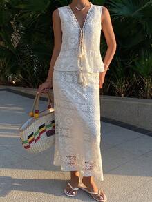 DAZY Women's Vacation Tassel Front Tie Hollow Out Camisole And Skirt 2 Pieces Set - Beige - View 3