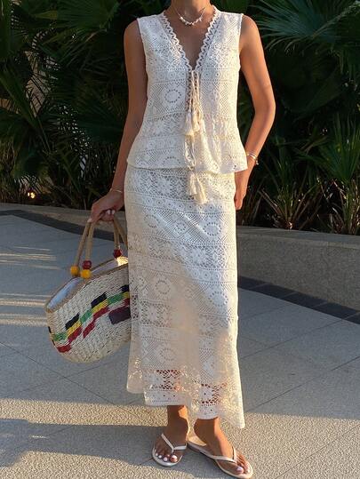 DAZY 女士度假流苏前系带镂空吊带背心和半身裙两件套