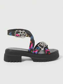 Sugerpunk Dép xăng đan nữ màu đen kiểu La Mã, dép xăng đan dự tiệc phong cách punk rock dây xích tối màu, dép xăng đan hở mũi đính đinh tán kiểu gothic đế xuồng cao gót, giày dép đi nghỉ mát. - Màu hoa nơ bướm - Xem 7