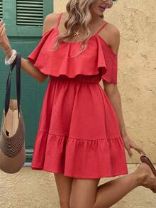 SHEIN Clasi 女士新款优雅吊带露肩舒适纯棉纯色深红色A字连衣裙，适合女性节日、送给妈妈的优雅礼物、节日装扮、海滩约会之夜、荷叶边连衣裙、海滩度假装扮、夏季女士度假装扮、度假风格、女士度假装扮、海滩度假装扮、女士夏季装扮、女士夏季连衣裙，适合假日、下午茶、婚礼季、海滩游轮度假、城市自驾游度假、波西米亚风度假、音乐节、沙滩装、复活节、纯棉连衣裙、女士夏季连衣裙、女士休闲连衣裙、女士假日连衣裙、田园风连衣裙。 - 紅色 - 查看 3