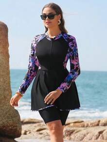 Swim Mulvari Plus Size Women's Patchwork Palm Tree Print Long Sleeve Tankini Top And Shorts Swimwear Set, Vacation Burkini - Black - View 4