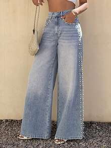 DAZY 女士常规腰围珍珠串珠宽松直筒休闲牛仔裤 - 中等水洗藍 - 查看 5