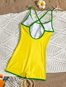 Swim SPRTY 女士沙滩装，巴西国旗元素图案，黄绿撞色，性感U领露背设计，时尚休闲度假性感运动连体短裤泳衣，冲浪服 - 彩色 - 查看 3