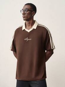 STYNVO Men's Letter & Stripe Raglan Short Sleeve Casual Commuter Polo Shirt - Coffee Brown - View 4