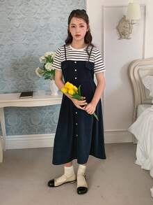 DAZY Tween Girl Striped Patchwork Round Neck Short Sleeve Button Design Casual 2 In 1 Dress - Blue - View 3