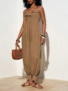 Zivah 2026 休闲亚麻度假风细带踝带阔腿宽松长款连体裤，深卡其色 - 卡其色 - 查看 6