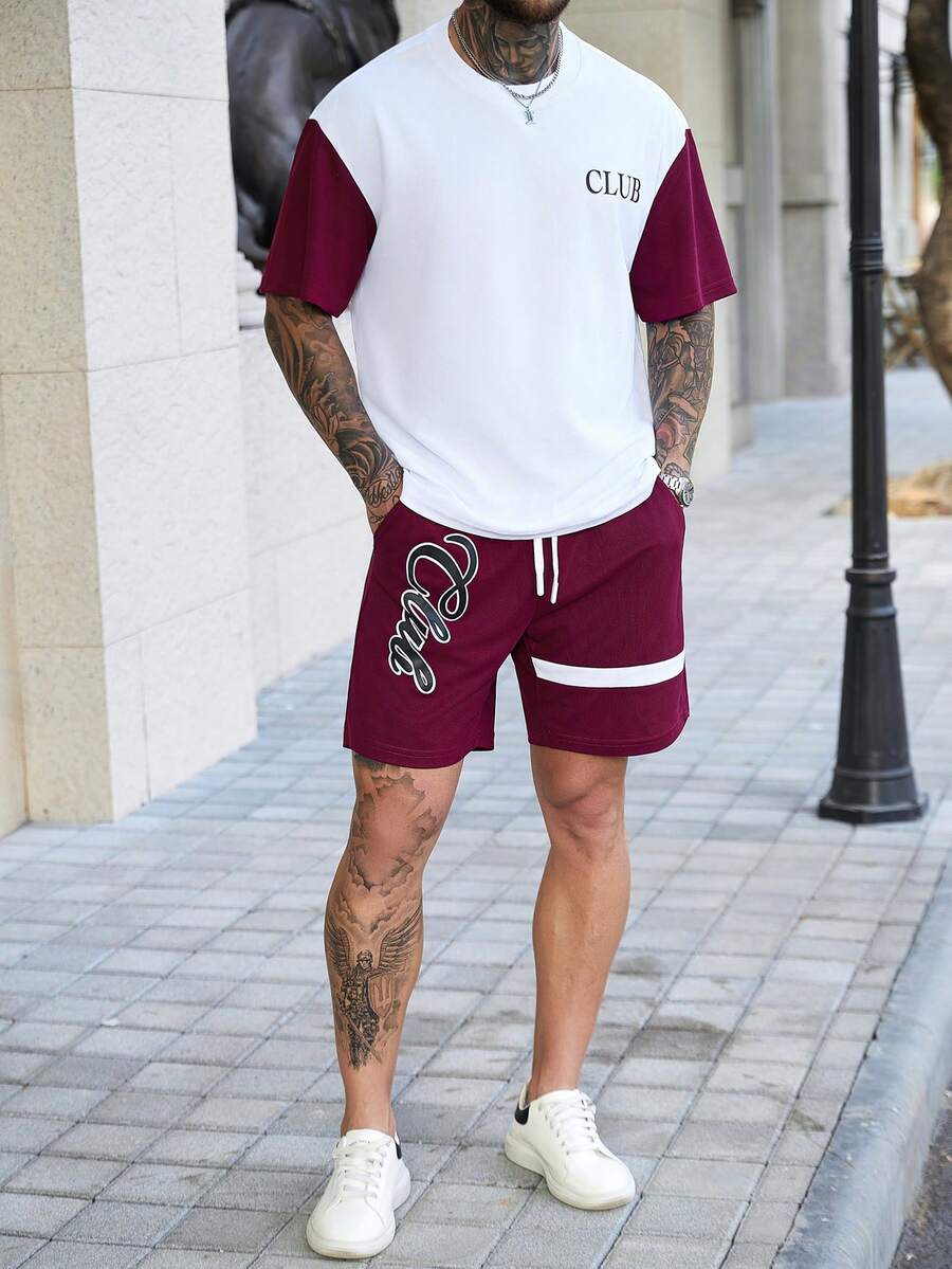 Manfinity Homme Conjunto de camiseta y pantalones cortos de verano casual para hombres con estampado de letras y parches de colores contrastantes - Blanco - Ver 1