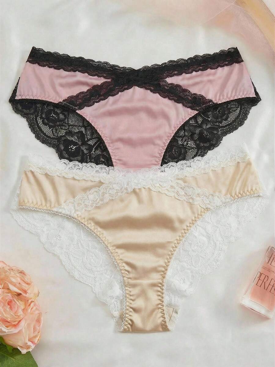2pcs Women's Charming Black & Red Heart Lace Criss-Cross Net Rose Design Panties Wedding - Multicolor - View 1