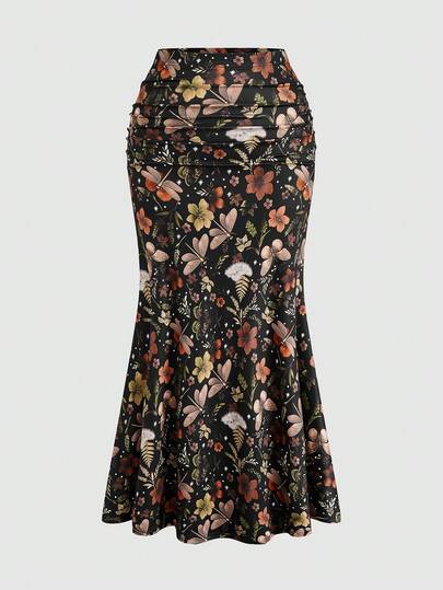 Sweetra Fairy Core Natural Inspiration Dark Pleated Plant, Coffee Brown Butterfly, Sun And Moon All-Over Print Pleated Mermaid Skirt For Women