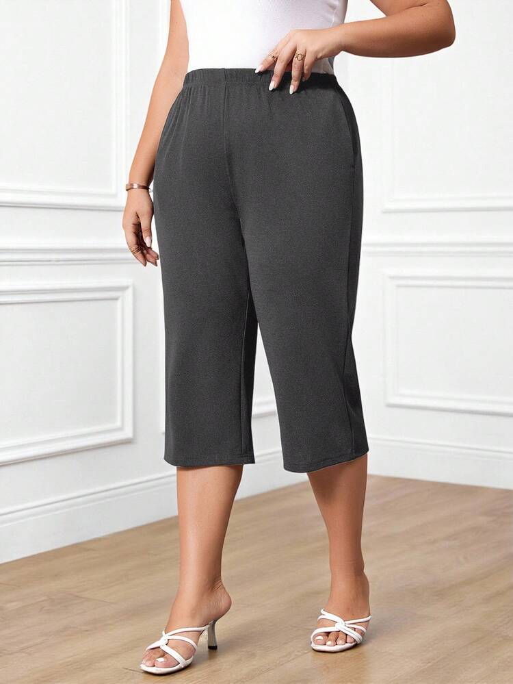 Plus Size Casual Versatile Solid Color Pocket Pants, Summer Outfits For Women,Solid Capris Pants,Spring/Summer/Vacation,Daily Wear,Commute