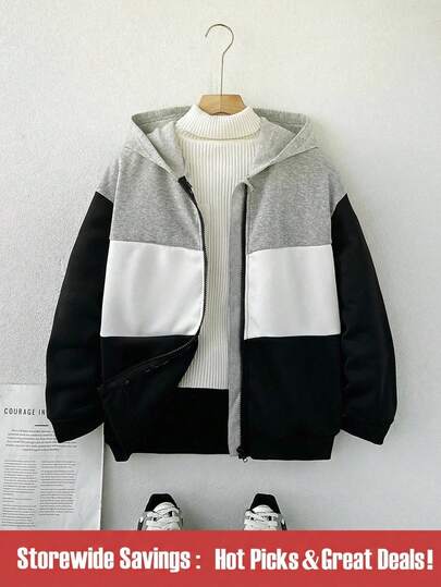 男童休闲学院风拼布撞色连帽夹克，适合日常上学、旅行、运动穿着