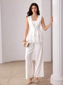 Mulvari 女士优雅修身蕾丝拼接无袖西装外套 - 白色 - 查看 5