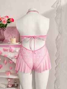 PetitDoll Vestido de lencería sexy con encaje y malla en contraste de talla grande - Rosa - Ver 2