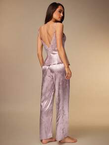 Silquee Bộ đồ ngủ/Pajama bằng vải satin phối ren hoa Jacquard và quần dài - Bụi tím - Xem 2