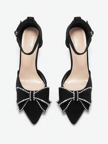 Eladyva Women's Spring Fashion Rhinestone Bow Pointed Toe High Heels, 9cm Chunky Heel Design, Comfortable & Sexy, Elegant Wedding Party Shoes, Non-Slip Rubber Sole,Elegant - Black - View 9