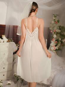 女士蕾丝网纱性感吊带睡裙，适合日常穿着和居家穿着 - 白色 - 查看 2