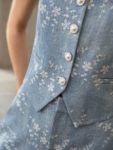 MOTF PREMIUM WOMEN'S BOTANICAL EMBROIDERY SINGLE-BREASTED WAISTCOAT - Blue - View 2