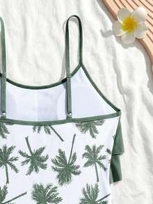 SHEIN 少女褶皱荷叶边连体泳衣，休闲舒适 - 薄荷綠 - 查看 3