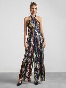 SHEIN Clasi Rainbow Sequin Decor Halter Neck Women Jumpsuit For Party New Years Outfit Christmas Party Women Jumpsuit Holiday Party Women Jumpsuit New Years Eve Outfit New Years Outfit Glitter Pants Glitter Jumpsuit Party Women Outfits New Years Eve Attire - Multicolor - View 4
